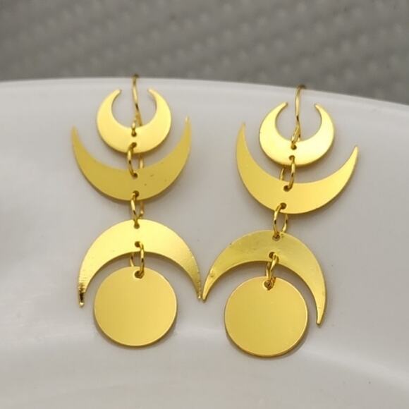 Golden Dangling Crescent Moon Earrings - Picture 2 of 2